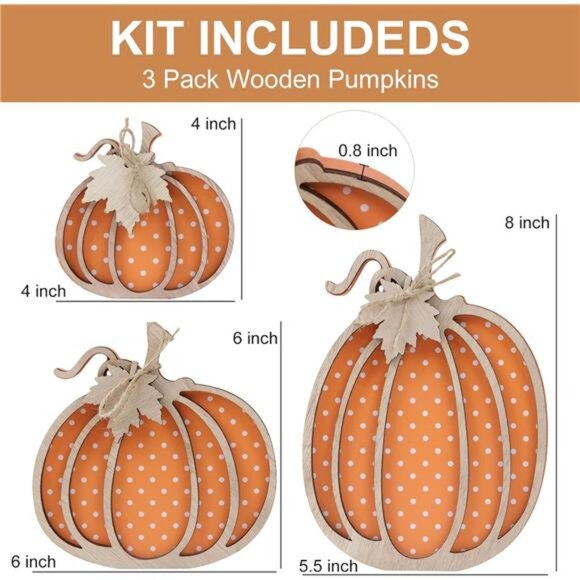 Wooden Autumn Pumpkin Fall Decor - Set of 3 Pumpkins for Shelf, Mantel, Table - Picture 3 of 7